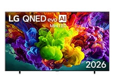 The front view of LG QNED evo AI Mini LED QNED90, released in 2026, fills the screen with vivid, fluid bursts of multicolored, paint-like motion, as dense clouds of color blend seamlessly across the display.